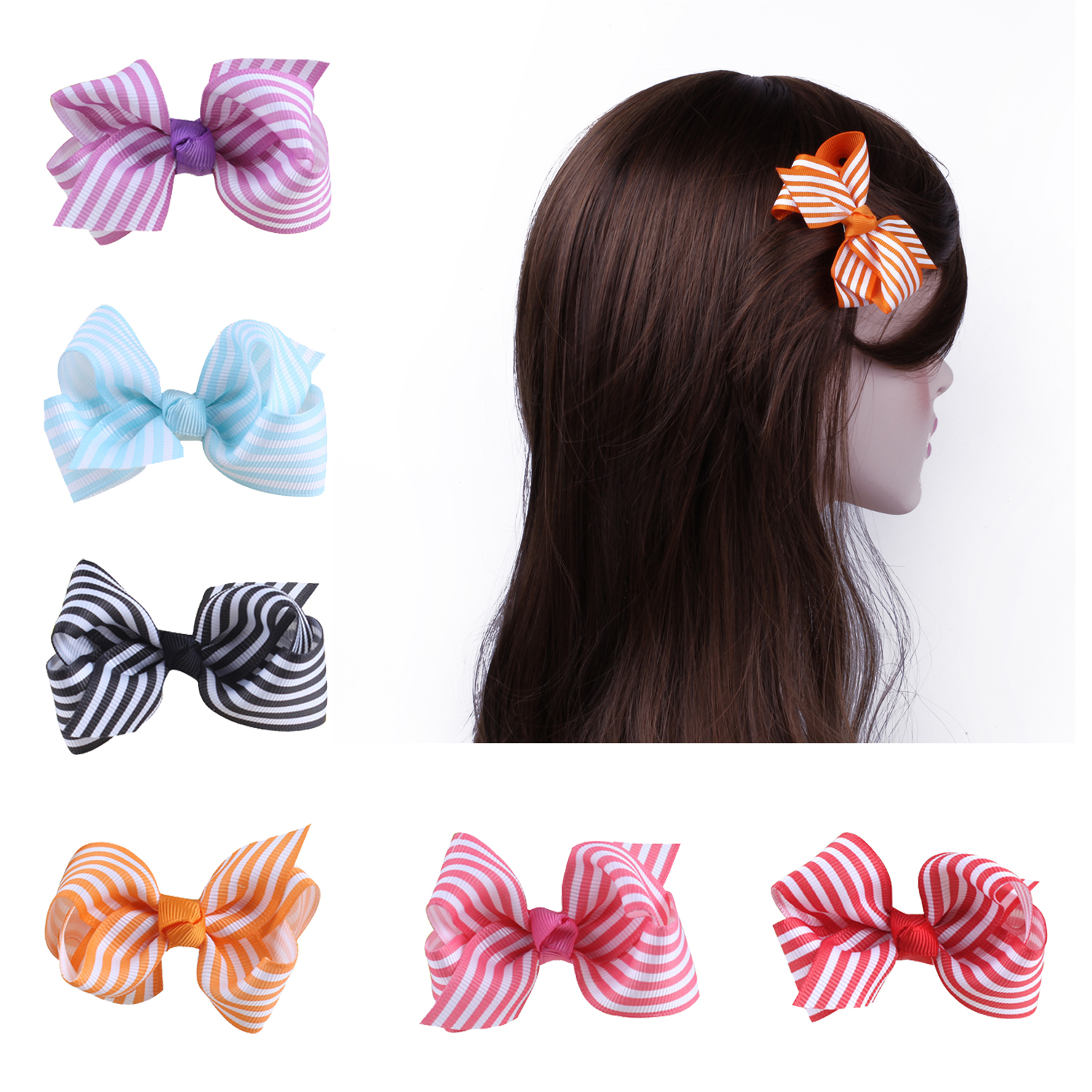 6 pcs 3 " Boutique Strip Girls Hair Bows Hair Clips For Baby Girls Toddlers