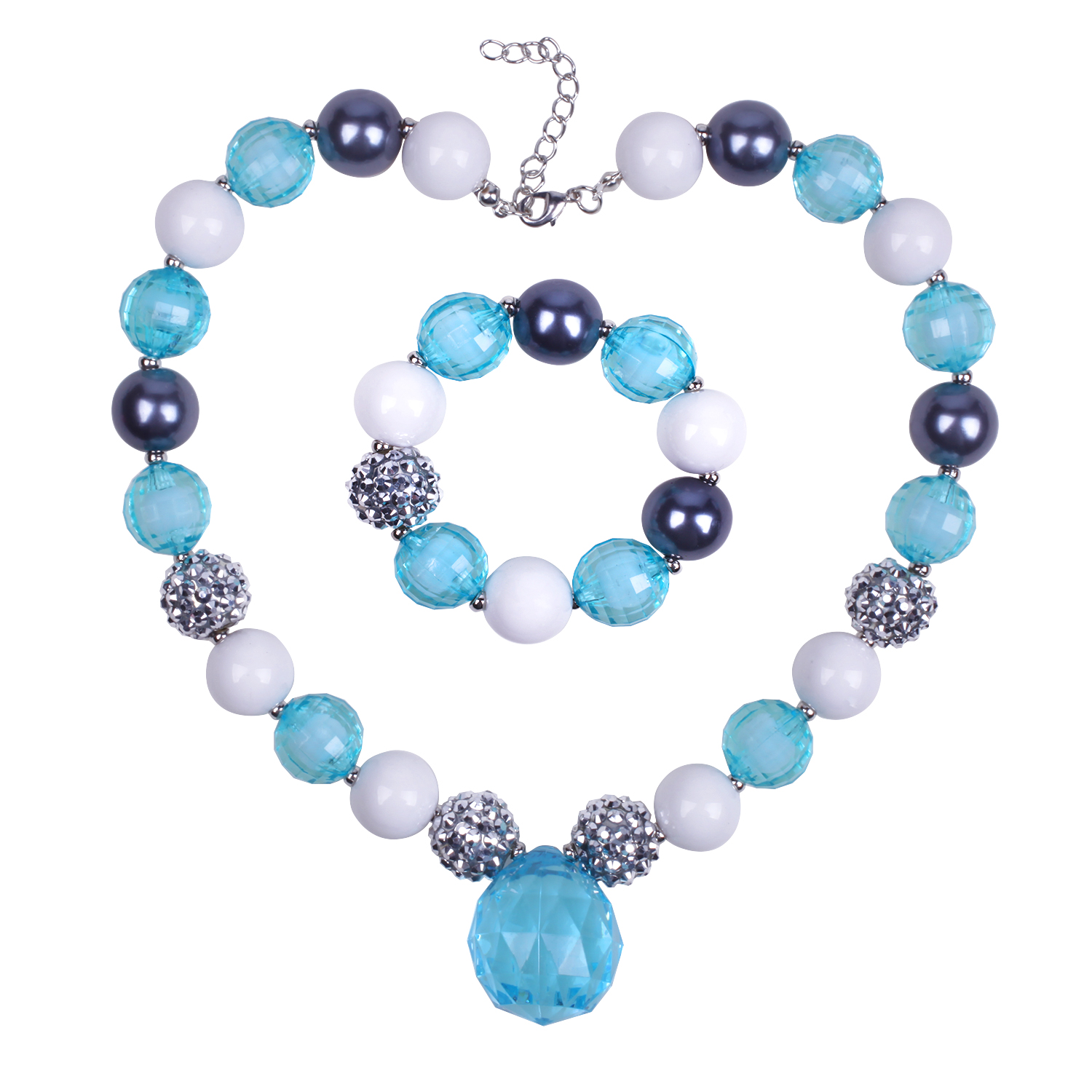 Blue Chunky Bubblegum Necklace and Bracelet set for Kids Girls