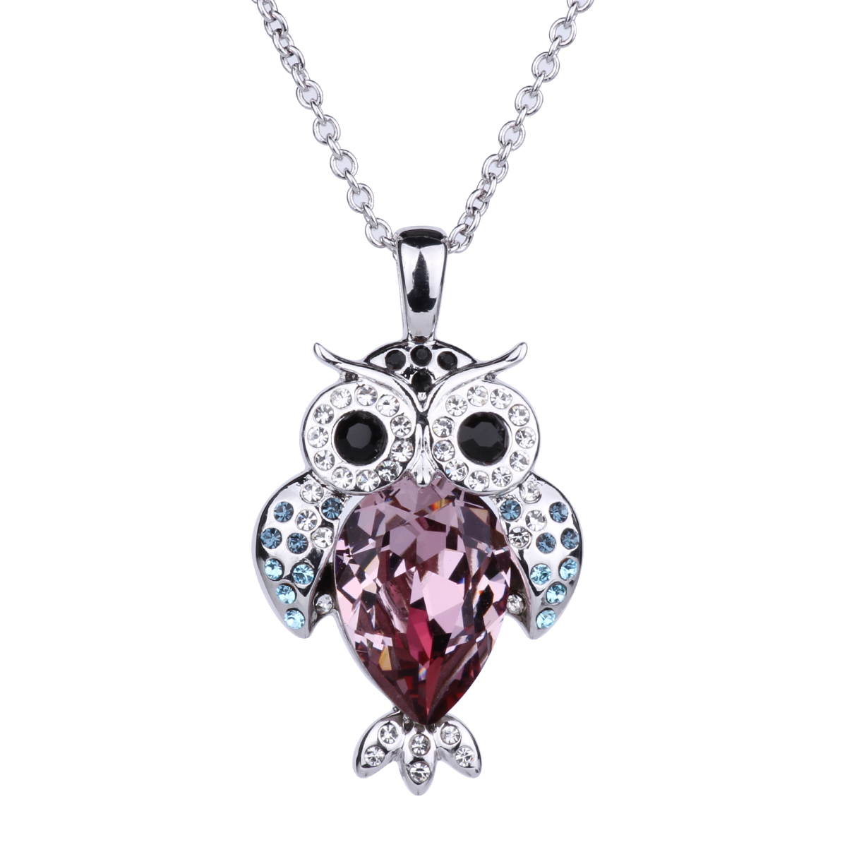 Alloy Owl Crystal Pendant Necklace Girl Kids Gift Rhodium-plated